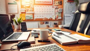 A vibrant workspace with an array of online earning tools, including a laptop, smartphone, calendar, calculator, and stacks of cash. The scene is bathed in warm, natural lighting, creating a productive and inspiring atmosphere. In the background, a vision board showcases various income streams and digital marketing strategies. The middle ground features a mug of coffee and a notebook filled with notes, plans, and ideas. In the foreground, a mouse, keyboard, and ergonomic office chair set the stage for a diligent and focused workspace. The overall composition conveys a sense of organization, focus, and the potential for financial success through online endeavors.